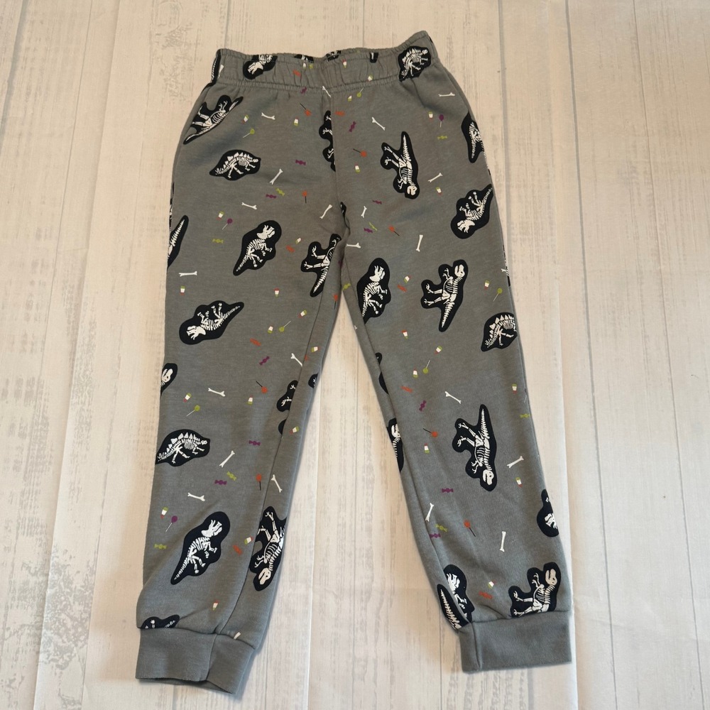 Cat & Jack Boys Gray Dinosaur Skeleton Candy Fleece Jogger Pants Size 5T